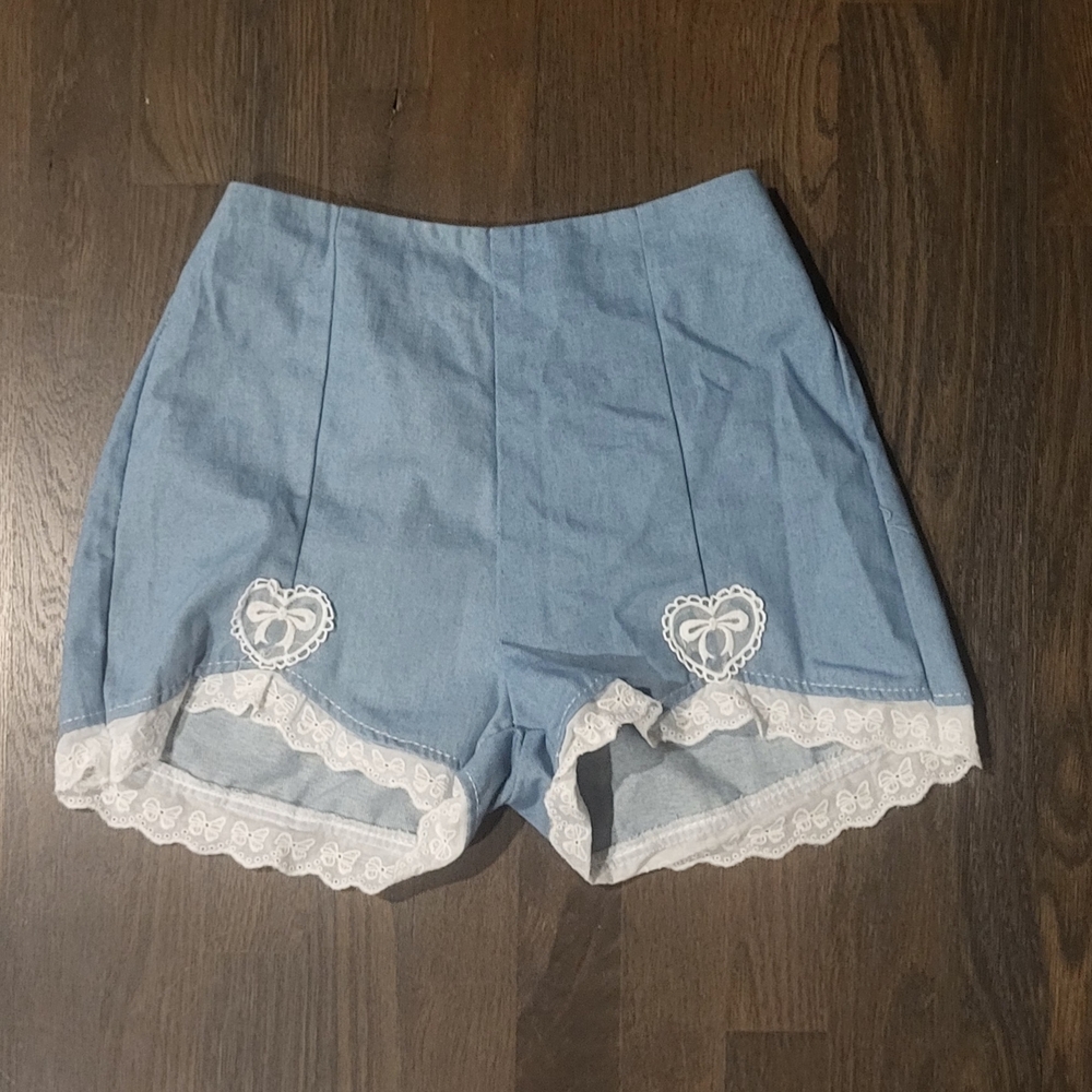 High Waist Blue and White Lace Trim Shorts